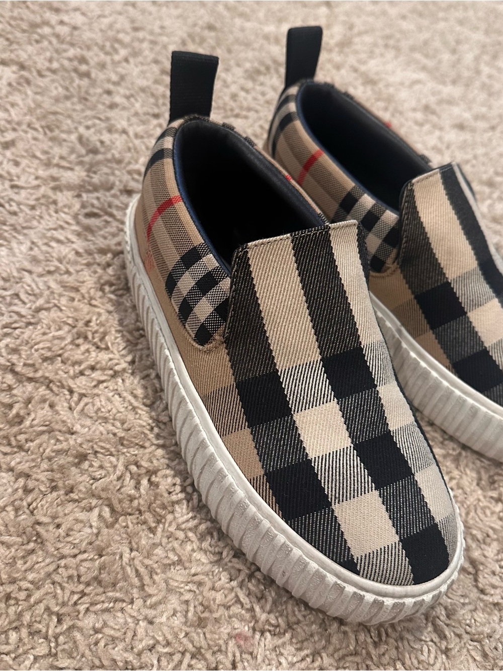Burberry Beige and Black Plaid Slip-On Sneakers